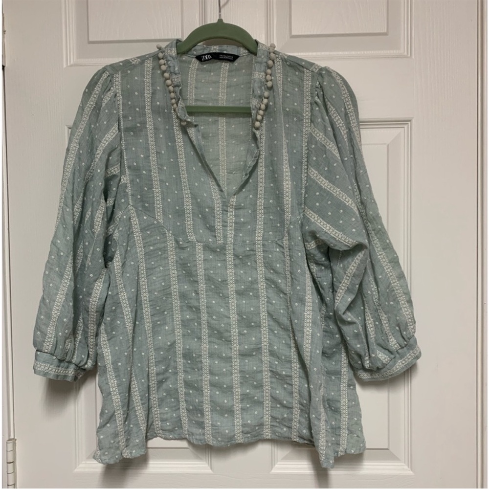 Zara Sea Green Embroidered Blouse with Pom Pom Collar Long Sleeve Size S